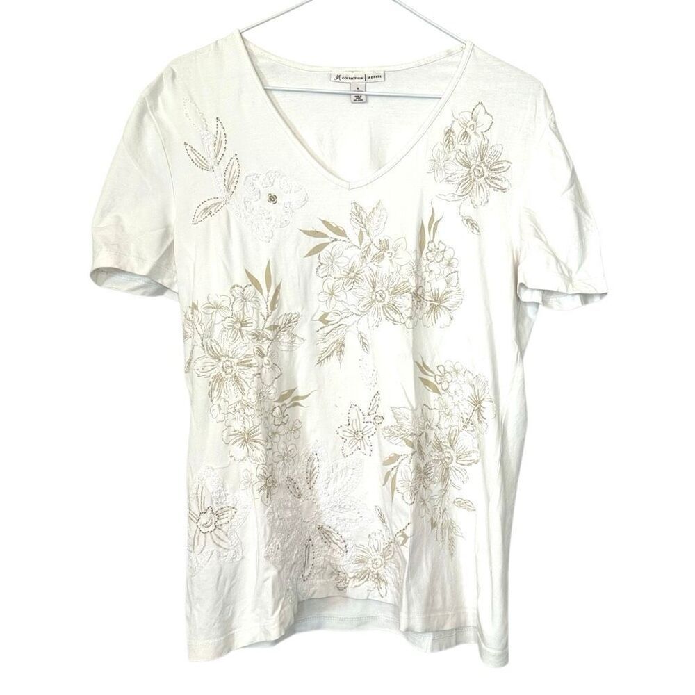 M Collection Floral V-Neck Short Sleeve T-Shirt White Green Size Petite Medium